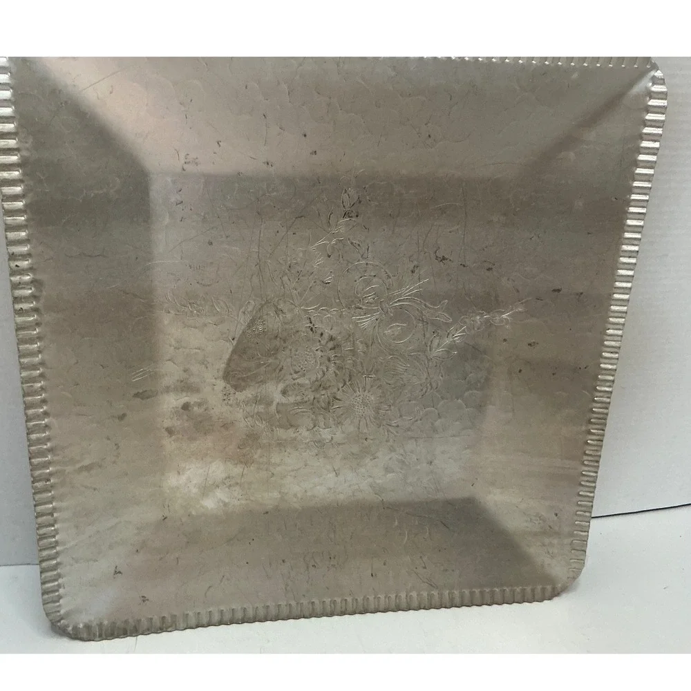 Vintage Hammered Aluminum Square Tray Etched Floral 12.5 Inch Mid Century